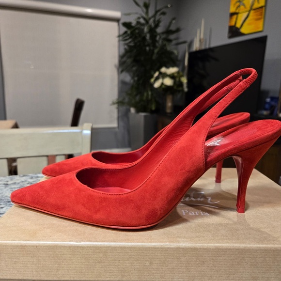 NEW Christian Louboutin Clare Sling 80mm Size 39 in Fiery Red Suede - Picture 3 of 13